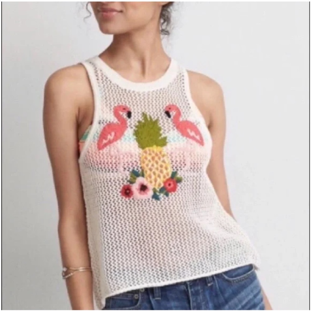 American Eagle Crochet knitted Flamingo Pineapple tropical Tank Sz S